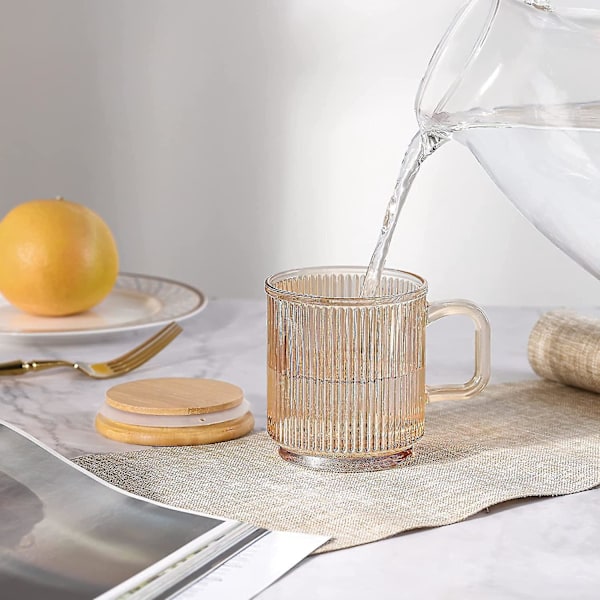 Iriserende Glasskaffe Kopper Sett med 2 - 340ml Ribbet Tekopper med Brun Lopp