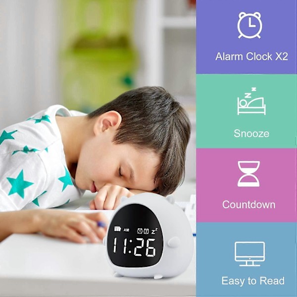 Söt Digital Barnväckarklocka Med Snooze Nedräkning 2 Alarm Laddningsbar Röststyrning