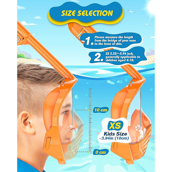 Helmaske snorkelmaske til børn - 180 graders panoramaudsigt, anti-dug, anti-lækage - Inkluderer kamera montering orange