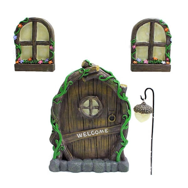 Miniature Fairy Elf Home Door Windows and Chandelier Luminous Tree Decor Art Decorations In The Dark