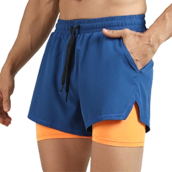 Double Layer Men's Sport Shorts with Zip Pocket - Breathable Quick Drying for Workout and Cycling 2XL Blue