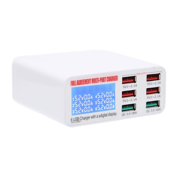 QC3.0 Flere USB Vægoplader 6 Muti Port USB Adapter Strømstik Hurtig Opladning Blok Cube med LED Display 100‑240VUS Stik