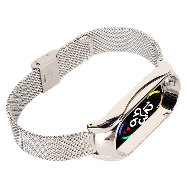 Rustfritt stål mesh-rem, moteriktig, pustende, fleksibel erstatningsrem, tilbehør som passer for Mi Band 7, sølv