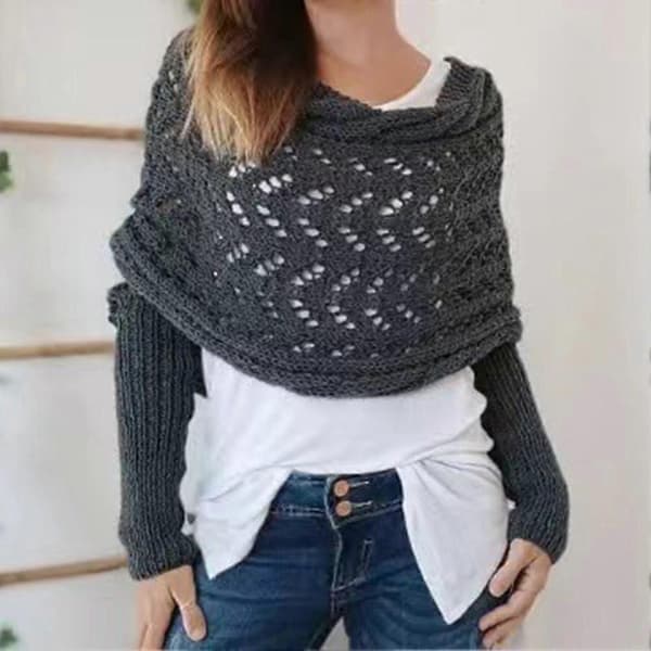 Crochet Pattern Sleeve Wrap Scarf Stylish Personalized Crocheted Sweater Scarf for Indoor Outdoor Dark Grey