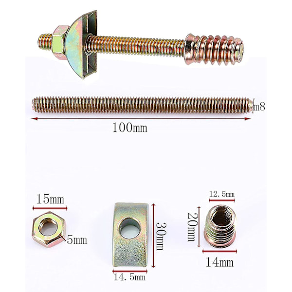 4-i-1 møbelbeslagsett: M8 x 100mm halvveis koblinger, avstandsstykker - bord- og sengmontering