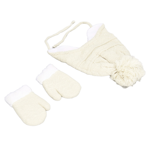 Toddler Hat Handske Sæt Blød Varm Komfortabel Dobbelt Lagt Design Sød Stil Vintertøj til Udendørs Hvid Sæt