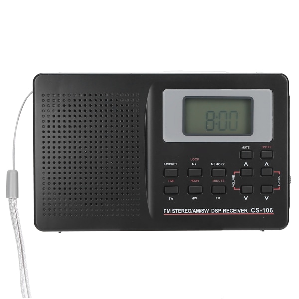 CS‑106 fullbåndsradio mini FM/AM/SW/MW-mottaker med digital klokkehodetelefon