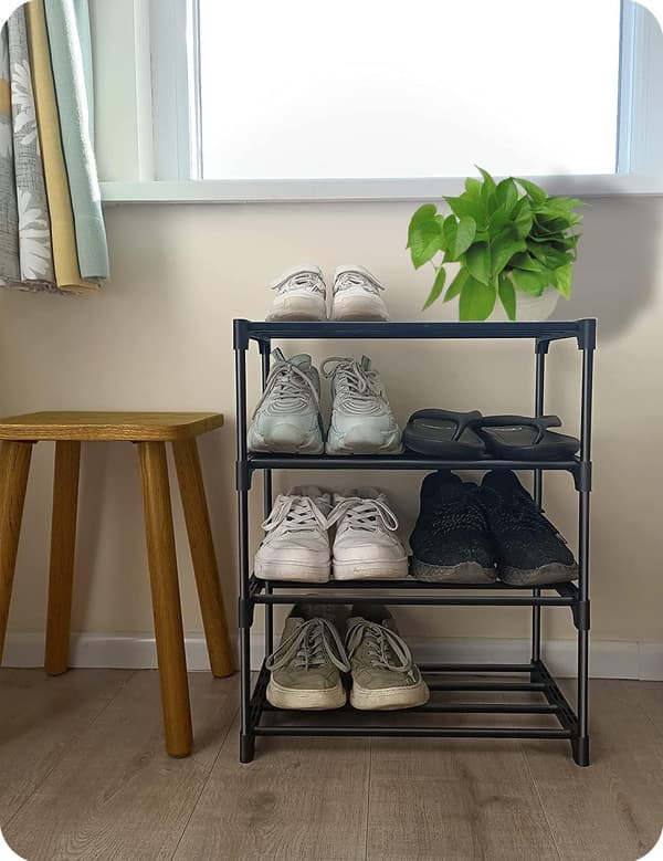 Small Shoe Rack - Stackable Small Shoe Rack - Multifunctional Metal Shoe Rack (Black 4 Tiers)
