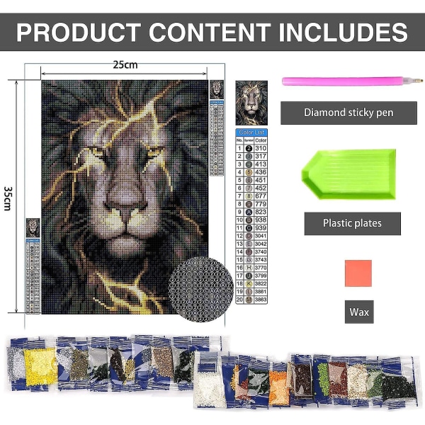 Adult Lion 5D DIY Diamond Painting Kit - komplet sæt med værktøj og klistermærker