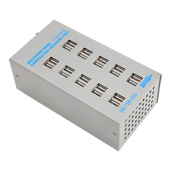 USB-ladestasjon 75W 20 porter USB-lader kretsbeskyttelse USB-ladehub 100‑240V for telefon nettbrett hodetelefoner EU-plugg