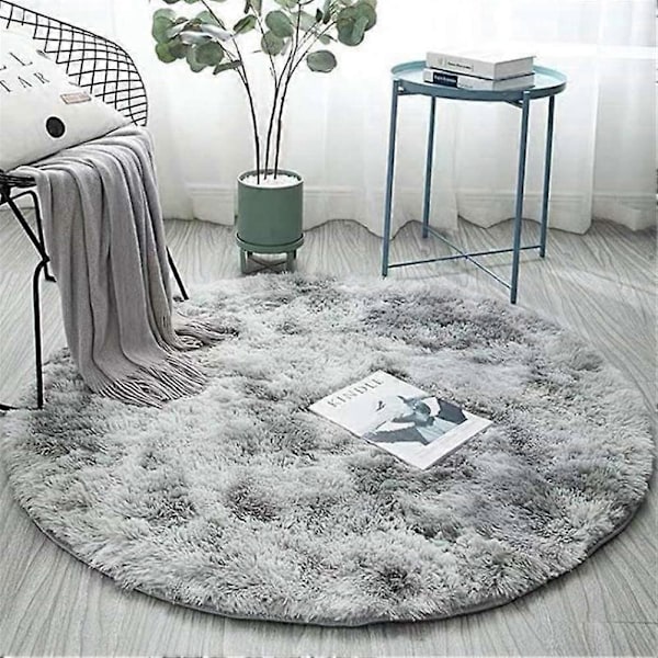 Isgrå Grusmatta, Hög Lugg, Lång Lugg, Batikfärgad Rund Dekoration, Halkfri, Tvättbar Golvmatta för Vardagsrum, Grus Fluffigt Sovrum, 80cm, Ljus