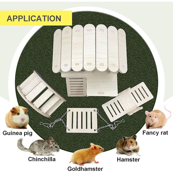4 Puulelun setti hamstereille, hamsteripelit sisältäen hamsterin talon, keinusillan, hamsteritarvikkeet marsuille, chinchilloille ja venäläisille hamstereille