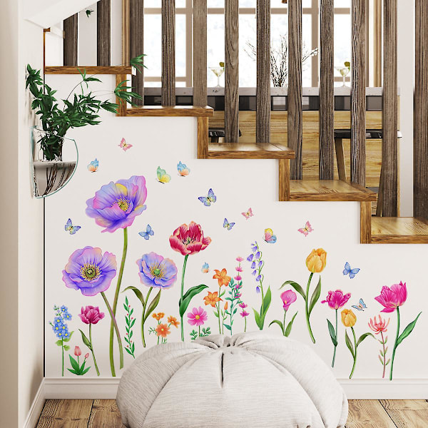En uppsättning väggdekaler Trädgårdsblommor Växter Fjärilar Väggdekor för Babyflickas Sovrum Vardagsrum Kontor