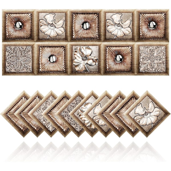 Retro Flise Klistermærker Badeværelse Køkken Flise Klæbende Væg Klistermærker DIY Olietæt PVC Selvklæbende Dekoration Marokko Stil Brune Blomster (10.30x30cm)