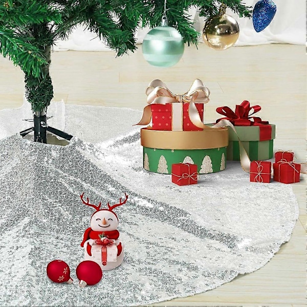 Liten julgransmatta, 90 cm paljettgransmatta silver