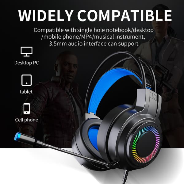 Gaming kablet headset multifunktion 7.1 lydkanal farverigt 3.5 mm PC gaming headset med mikrofon til gaming sort