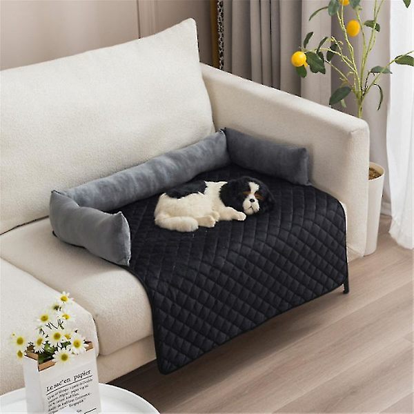 Middels fløyel kjæledyrsofa seng - sklisikker, vanntett, med 3-sidede puter - møbeltrekk for kjæledyr, hunder, katter 90X120CM GRÅ SVART