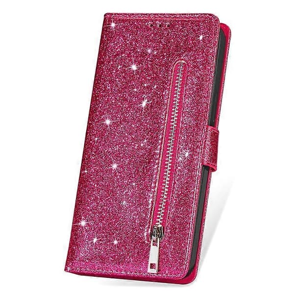 Kompatibel med iPhone 16 Pro Max Etui Glitter Læder Stativ Telefonetui Lynlåslomme Red