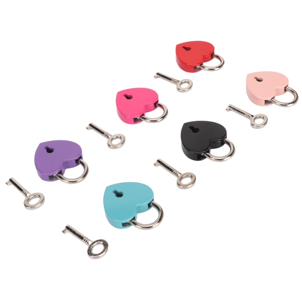 6 stk Hjerte hængelåse Assorterede farver Zinklegering Multi Purpose bærbar dagbogslås med nøgler til smykkeskrin Taskeskuffe