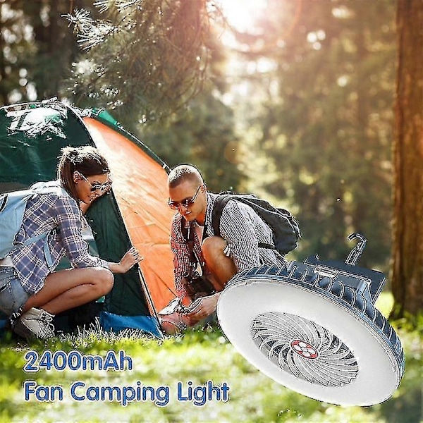 Bärbar campingfläkt med LED-lykta, uppladdningsbar med krok