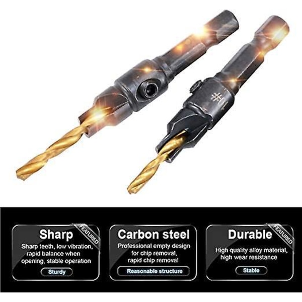 Titanbelagda Bänkskivs Bits, Handborrtillbehörssats Skruvhålsstorlek Countersink Hexskaftborr med 1/4 Set Countersinkborr