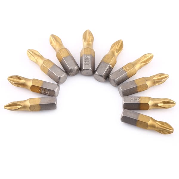 Titaniumbelagte PH2 Magnetiske S2 Skruetrækkerbits Sæt (10 stk, 1/4\" Hex Skaft, 25mm Længde)