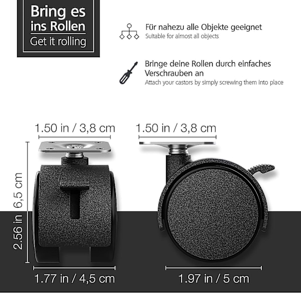 Set med 4 50 mm möbelhjul med bromsar - Svängbara hjul för inomhusmöbler - Hjul med lågt rullmotstånd - Lastkapacitet upp till 120 kg
