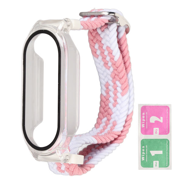 Nylon nailonpunottu watch ranneke puskurilla case, lisävaruste, joka sopii Mi Band 7:lle vaaleanpunainen valkoinen ja läpinäkyvä case