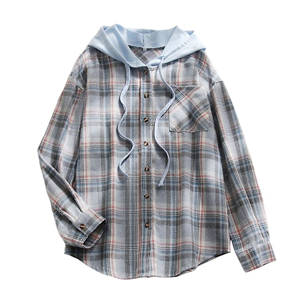 Dam Hoodie Skjorta Rutiga Casual Lösa Långärmad Knapp Blus XL Himmelblå