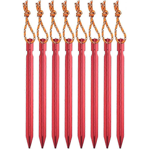 8 stk. teltplugger, 18 cm rød teltplugg i aluminiumslegering med refleksivt tau for camping, strand, utendørs