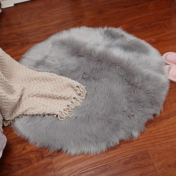 Fluffig fuskpäls halkfri rund matta för vardagsrum, sovrum, soffa - grå (60x60cm)