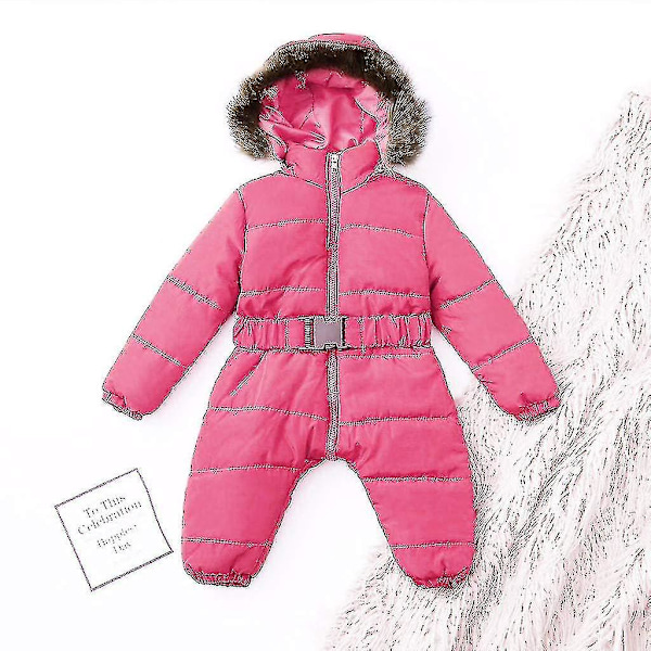 Unisex Baby Hooded Jumpsuit för 0-24 månader - Pojk/Flicka Romper med Pälskrage 65cm Ros Röd