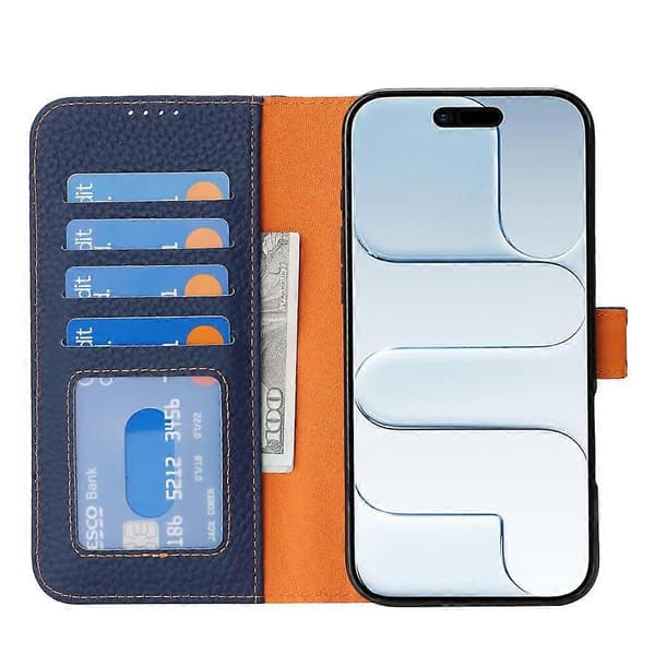 Compatible with iPhone Air Stand Case Litchi Texture Genuine Cowhide Wallet Case RFID Blue