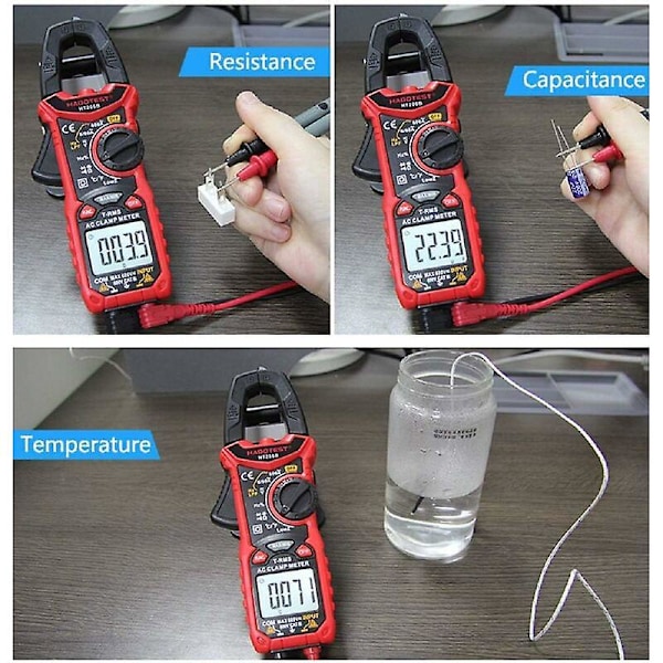 Amperemeterklemme, 6000-tællers TRMS automatisk klemmetang multimeter, AC strøm/AC DC spændingsmåling/temperatur/modstand/kapacitans/diode/kontinuitet/d