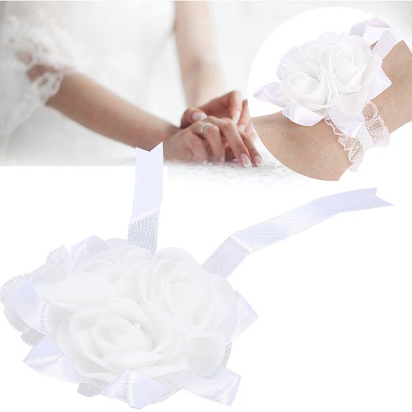 Vakker håndblomst brudepike håndledd Corsage Bryllupsdekorasjoner (hvitt bånd)