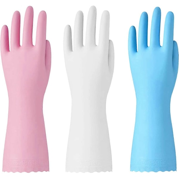 3 Par (Medium, Blå+Rosa+Vit) Återanvändbara Städhandskar - Latex Fria Köksstädhandskar med Bomullsfoder - Hushållsdiskhandskar, Halkfria