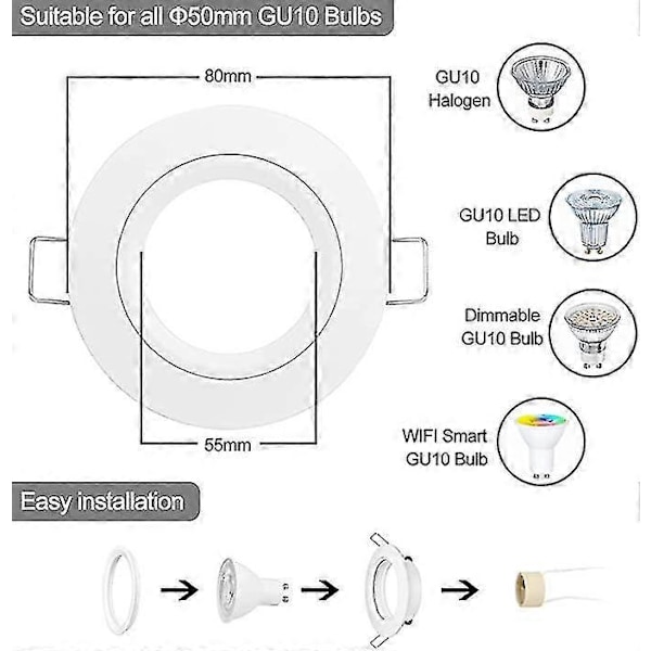 10x Gu10 Infälld Spotlight Aluminium Vit, Spotlights Monteringsram Med Gu10 Sockel, Rund Stöd Extra Platt Infälld Spotlight Tak För Led Eller