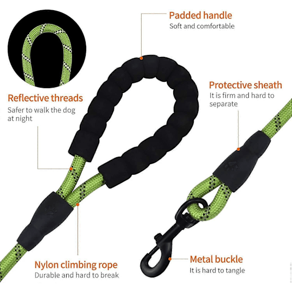 Grønn, 1,5 m lang nylon hundebånd med polstret håndtak, for daglig gåing og trening, egnet for mellomstore og store hunder