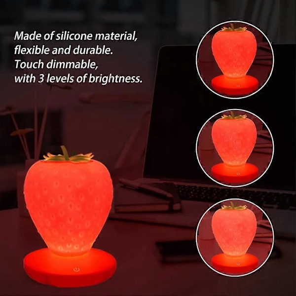 Jordbær Natlampe, Sød Silikone Jordbærlampe, Børne Natlampe LED Natlampe til Børneværelset, USB Genopladelig Sengelampe til Børn, 3 Tilstande