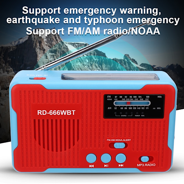 RD-666WBT Bärbar solcellsdriven nödhandvev AM FM-radio med LED-ficklampa Röd