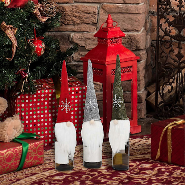 Juleflaskeovertrekk (3 stk) - Skandinavisk Julenisse (42 x 19 cm) Håndlaget Flaskedekorasjon for Vin Champagne Julebord Borddekorasjon