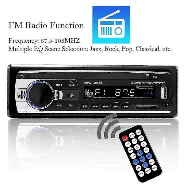 12V 1 DIN Bluetooth Bilstereo Audio In-Dash Handsfree FM Aux Ingång Mottagare SD USB MP3 Radio Spelare