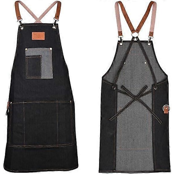 Arbetsförkläde, Svarta Denim Canvas Förkläden för Män, Korsryggsförkläde med Fickor, Vattentätt Förkläde Hållbart & Justerbart, Förklädesverkstad