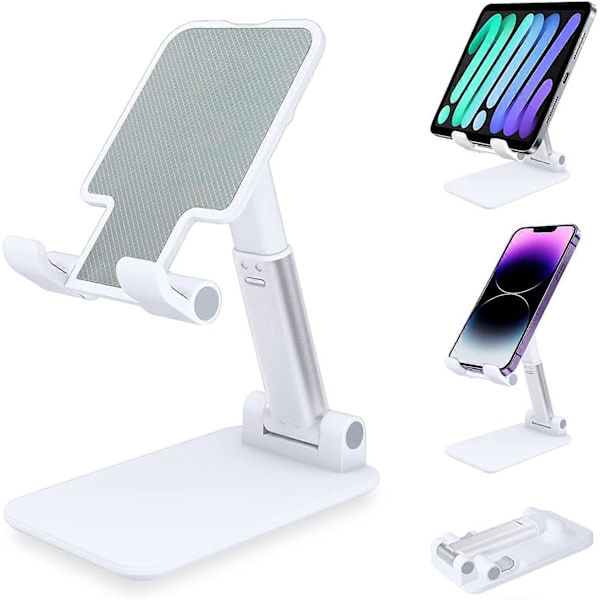 Telefonställ, hopfällbart surfplatteställ mobiltelefonhållare för skrivbord kompatibel med Samsung iPad Mini iPhone alla smartphones (Vit)