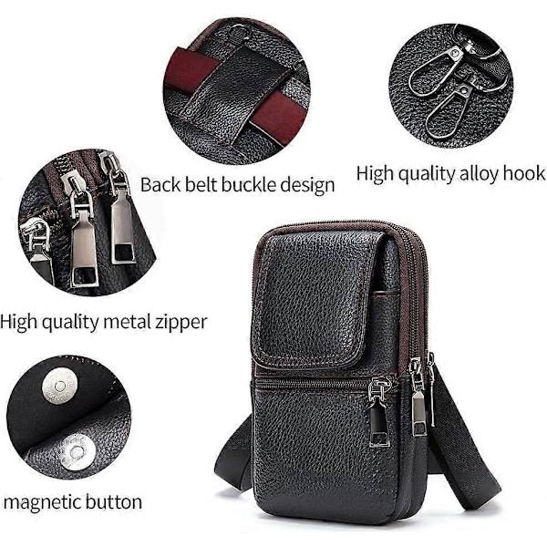 Bältesfodral för mobiltelefon i läder, Crossbody-väska i läder för herrars telefon, Vertikal telefonhållare, Bältesväska för män, Smartphone-väska, Magväska, Plånbok, Axelväska