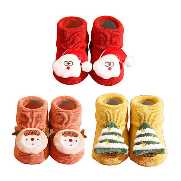 3 par Baby Jule Strømper Baby Skridsikre Strømper Tegneserie Fortykke Gulvstrømper til Baby Drenge Piger Fluffy Cuddly Sjove Strømper