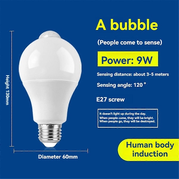 4 stk. E27 LED bevægelsessensor pære LED lampe PIR sensor lys 9W