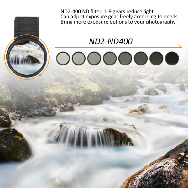 Justerbart ND-linsefilter ND2-400 for 37 mm-objektiv - perfekt for telefoner med forskjellige merkevarer