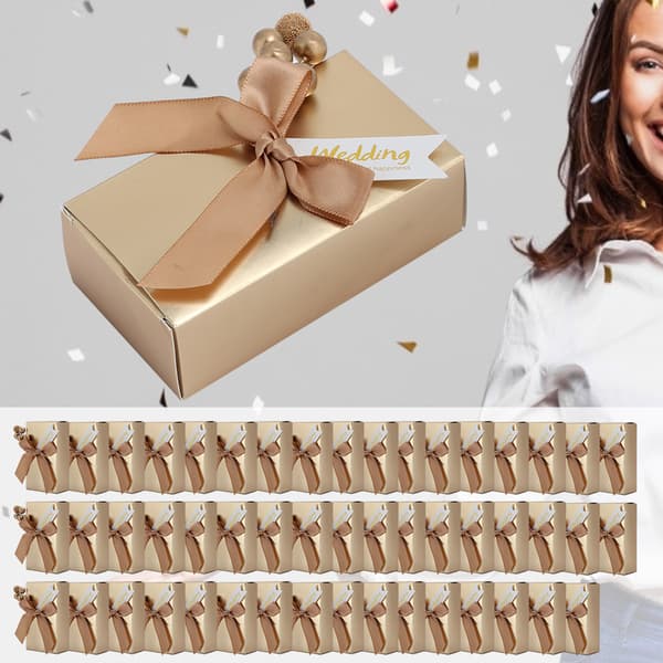 50 st Bröllopsgåvor Godis Souvenirer Present Papper Presentförpackning för Bröllop med Rosettguld