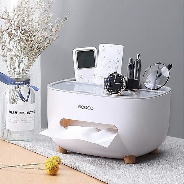Servettbox, PVC-servettbox, Multifunktionsbox, Pennhållare, Fjärrkontrollhållare, Servetthållare, Förvaringsbox, kosmetisk servettbox (Grå-1)